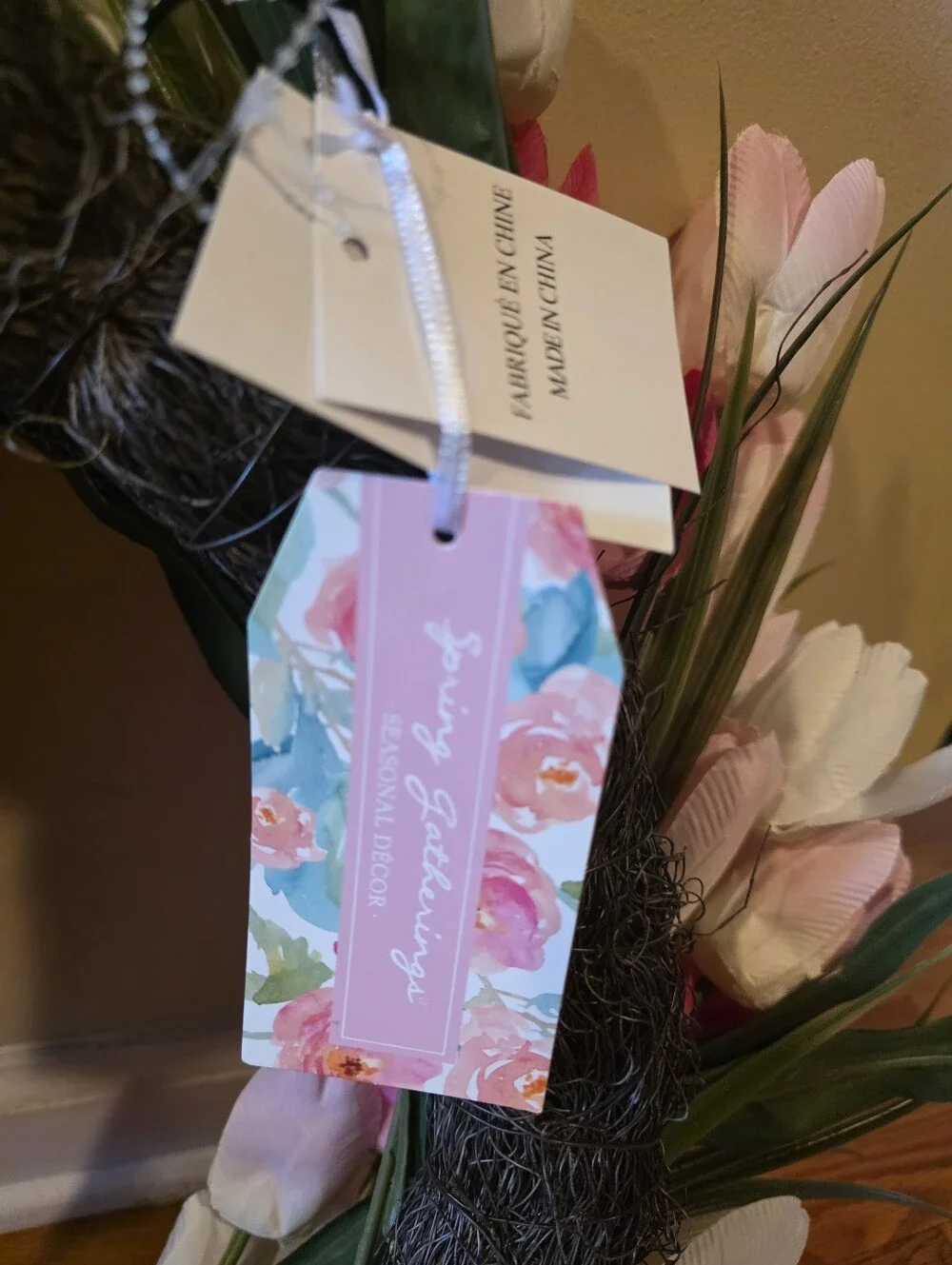 Pink & White Tulip Wreath NWT Spring Faux Florals